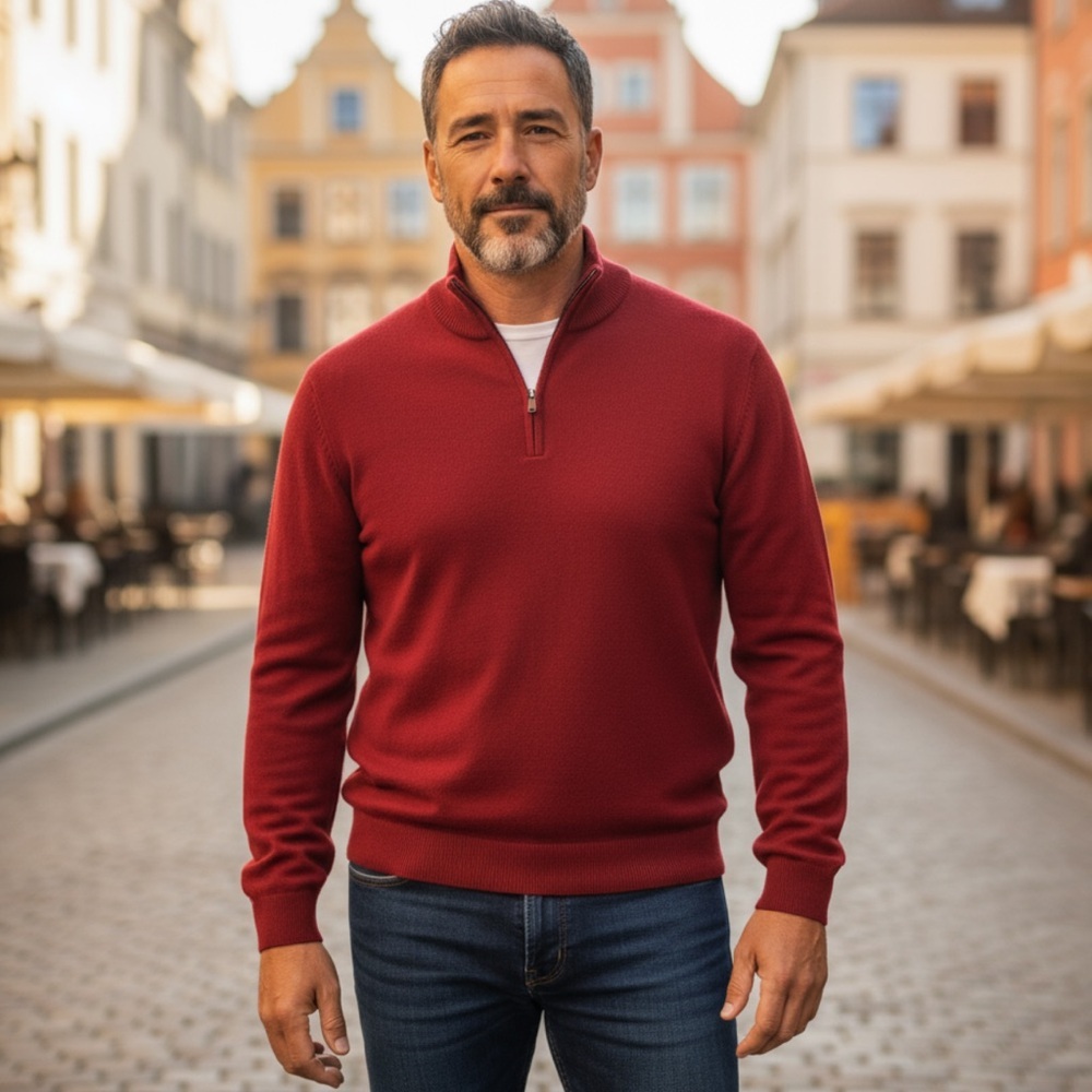 NAKEDCASHMERE Phillip Winter Red Men’s Half Zip Long Sleeve Sweater Pullover